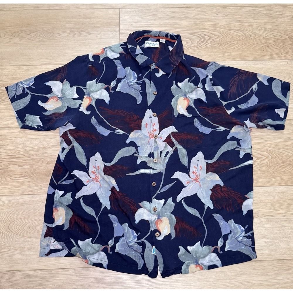 Caribbean Pure Silk Blend Hawaiian Floral Button Down Shirt- Men's XLT